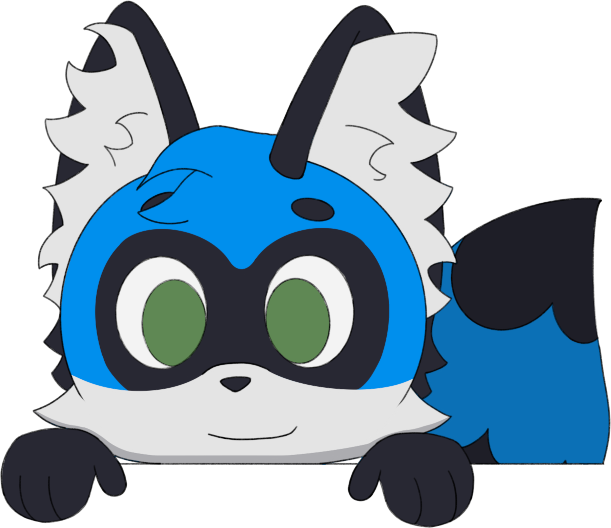 A blue, dark gray, and white raccoon/fennec fox hybrid looks towards the viewer happily. Her paws rest on top of this page's content box.